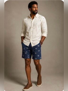 40weft Navy Floral Pattern Flat Front Shorts